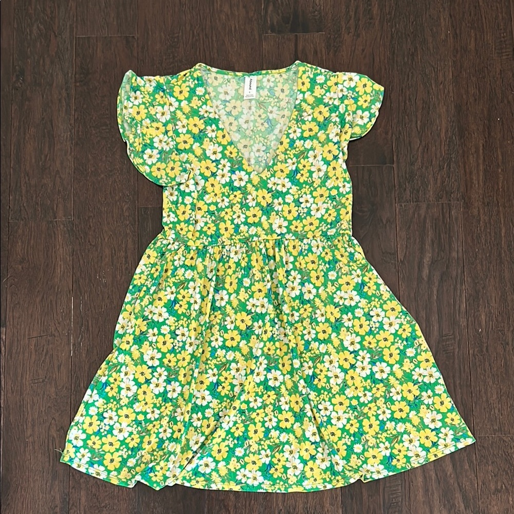 Abound Green and Yellow Casual Sundress with Flutter Cap Sleeves